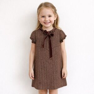 Gocco Girls 4T Brown Herringbone Wool Blend Dress with Velvet Bow